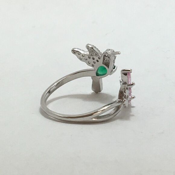 Sterling Silver Hummingbird Ring Adjustable Size 7 CZ Pink Flowers Green Body - Picture 12 of 16
